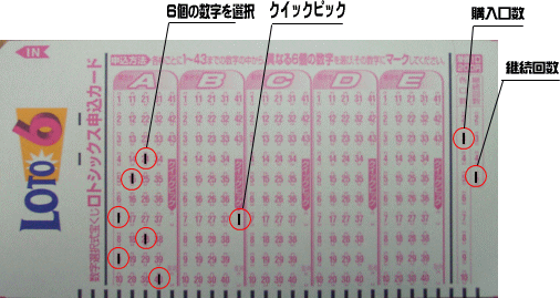 数字選択式宝くじロト6の申込みカード